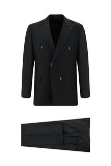 Orta Antrasit Slim Fit Dar Kesim Çizgili Yünlü Kruvaze Takım Elbise