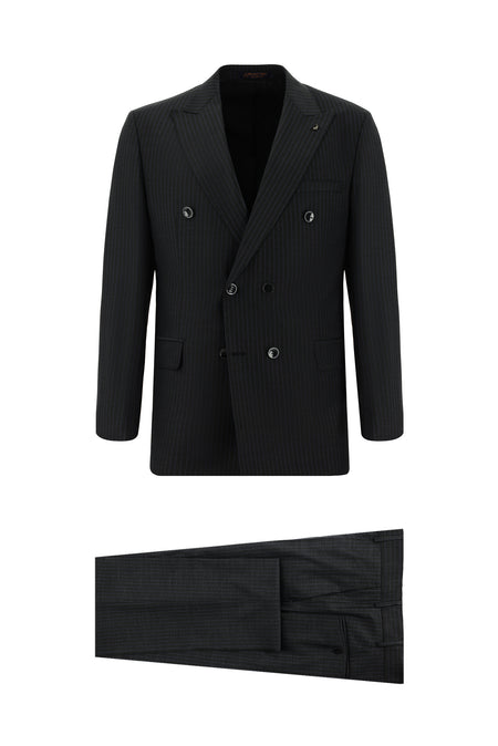 Orta Antrasit Slim Fit Dar Kesim Çizgili Yünlü Kruvaze Takım Elbise