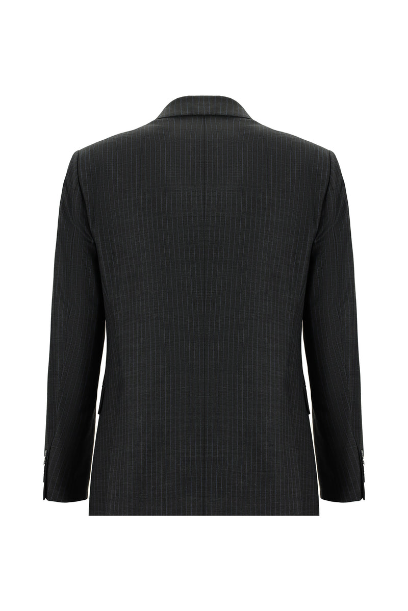Orta Antrasit Slim Fit Dar Kesim Çizgili Yünlü Kruvaze Takım Elbise
