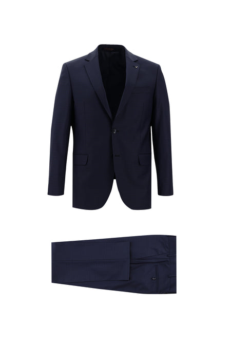 Koyu Lacivert Slim Fit Dar Kesim Yünlü Klasik Desenli Takım Elbise