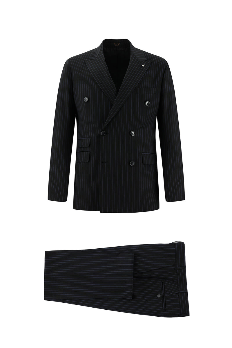 Siyah Slim Fit Dar Kesim Yünlü Kruvaze Çizgili Takım Elbise