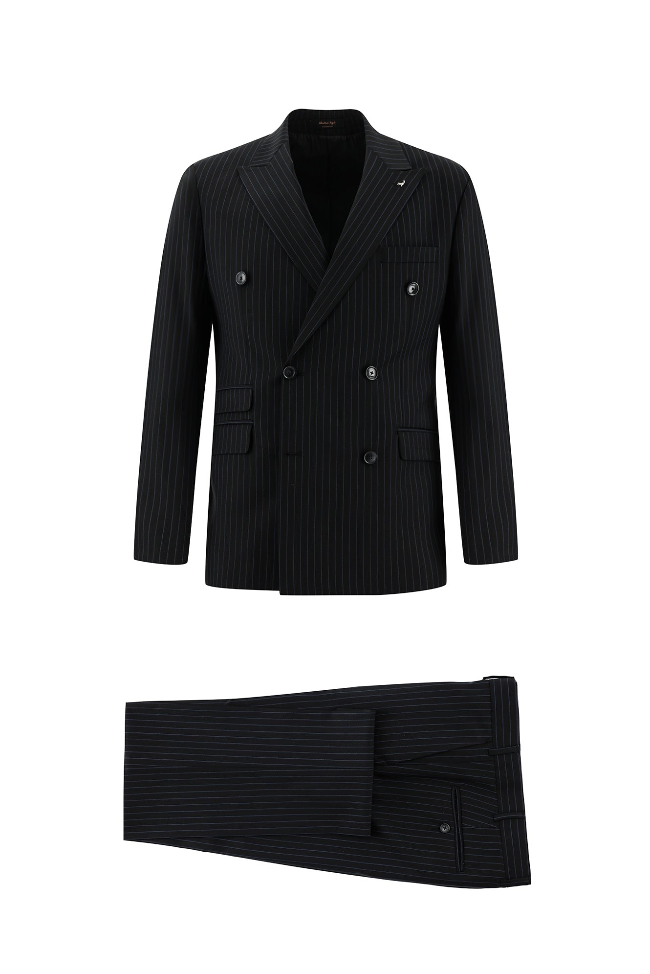 Siyah Regular Fit Yünlü Kruvaze Çizgili Takım Elbise