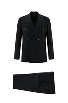 Siyah Regular Fit Yünlü Kruvaze Çizgili Takım Elbise