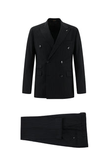 Siyah Regular Fit Yünlü Kruvaze Çizgili Takım Elbise