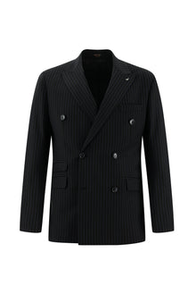Siyah 7 Drop Slim Fit Dar Kesim Yünlü Kruvaze Çizgili Tak?m Elbise-Abdullah Ki??l?