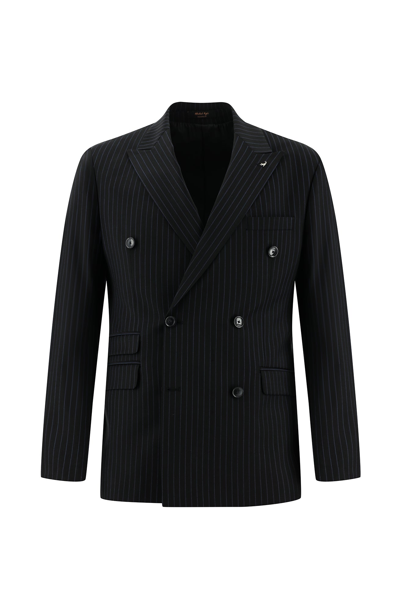 Siyah Slim Fit Dar Kesim Yünlü Kruvaze Çizgili Takım Elbise