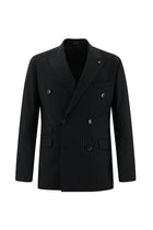 Siyah Slim Fit Dar Kesim Yünlü Kruvaze Çizgili Takım Elbise