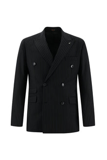 Siyah Slim Fit Dar Kesim Yünlü Kruvaze Çizgili Takım Elbise