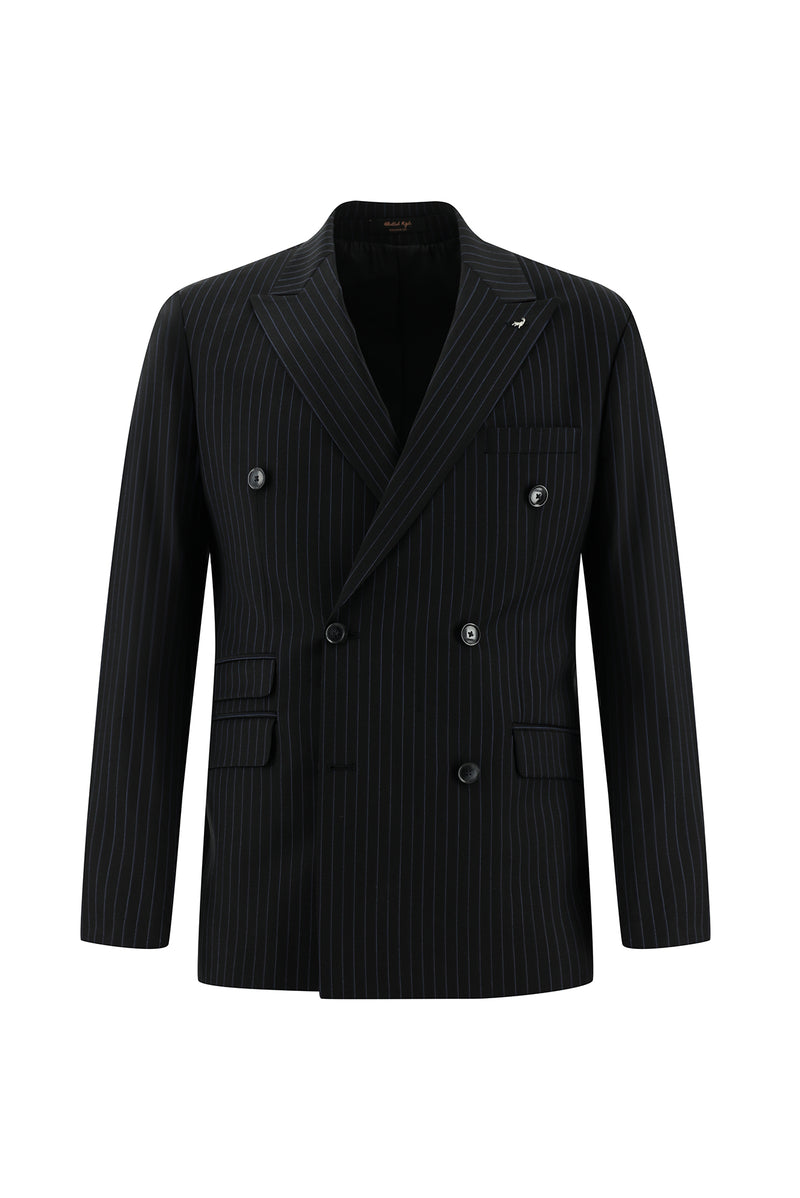 Siyah Slim Fit Dar Kesim Yünlü Kruvaze Çizgili Takım Elbise