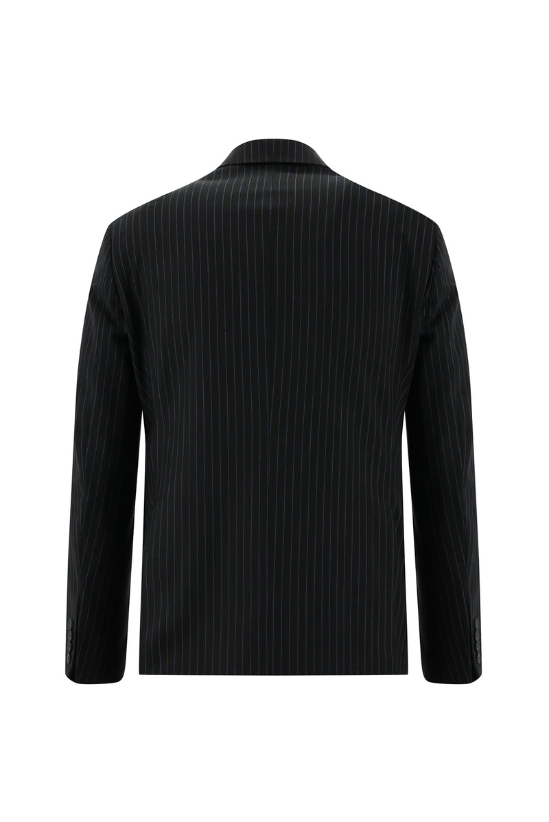 Siyah Slim Fit Dar Kesim Yünlü Kruvaze Çizgili Takım Elbise