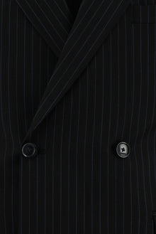 Siyah Slim Fit Dar Kesim Yünlü Kruvaze Çizgili Takım Elbise