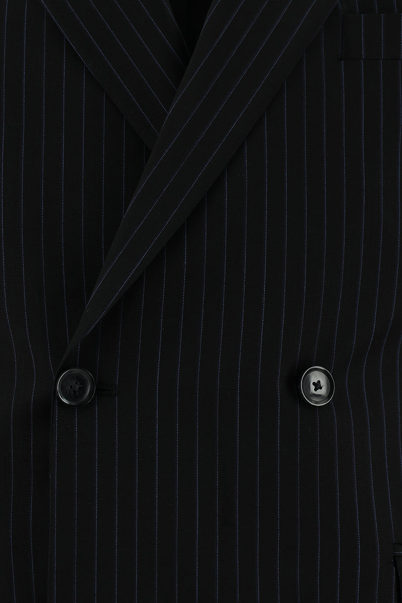 Siyah Slim Fit Dar Kesim Yünlü Kruvaze Çizgili Takım Elbise