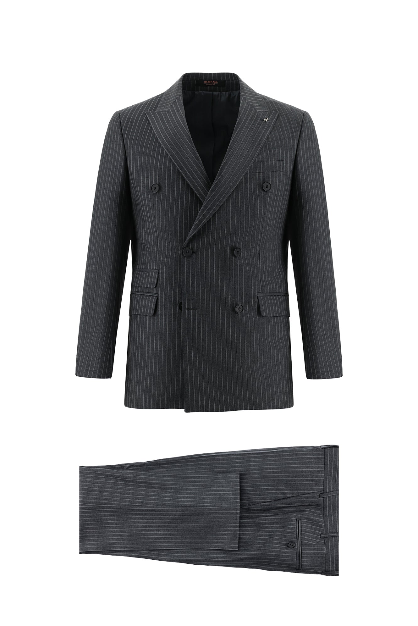 Koyu Füme Slim Fit Dar Kesim Yünlü Kruvaze Çizgili Takım Elbise