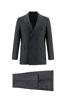 Koyu Füme Slim Fit Dar Kesim Yünlü Kruvaze Çizgili Takım Elbise