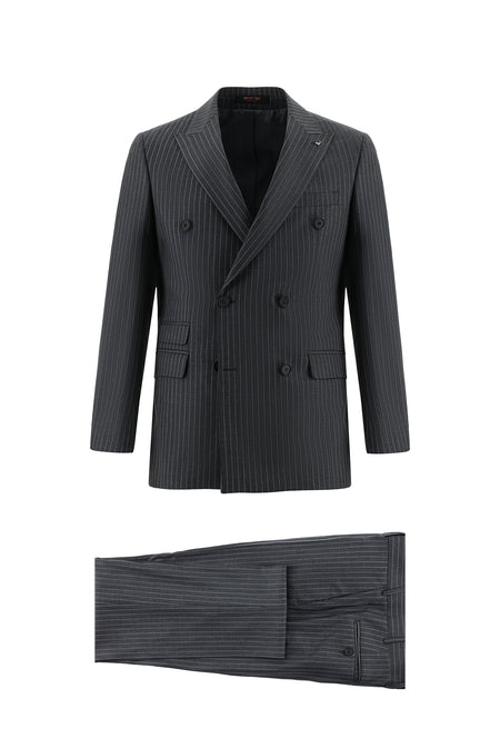 Koyu Füme Slim Fit Dar Kesim Yünlü Kruvaze Çizgili Takım Elbise