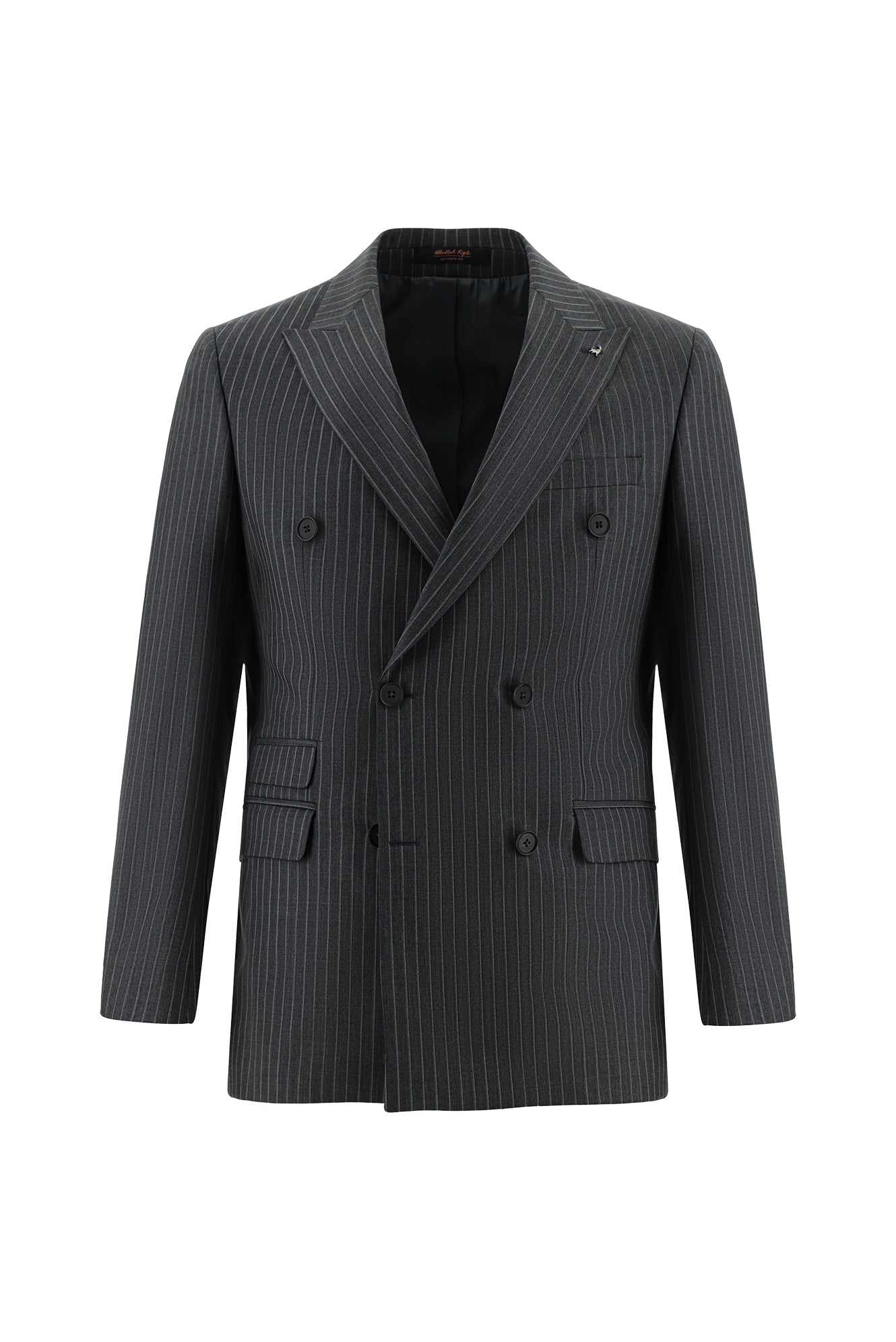 Koyu Füme Slim Fit Dar Kesim Yünlü Kruvaze Çizgili Takım Elbise