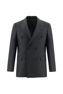 Koyu Füme Slim Fit Dar Kesim Yünlü Kruvaze Çizgili Takım Elbise