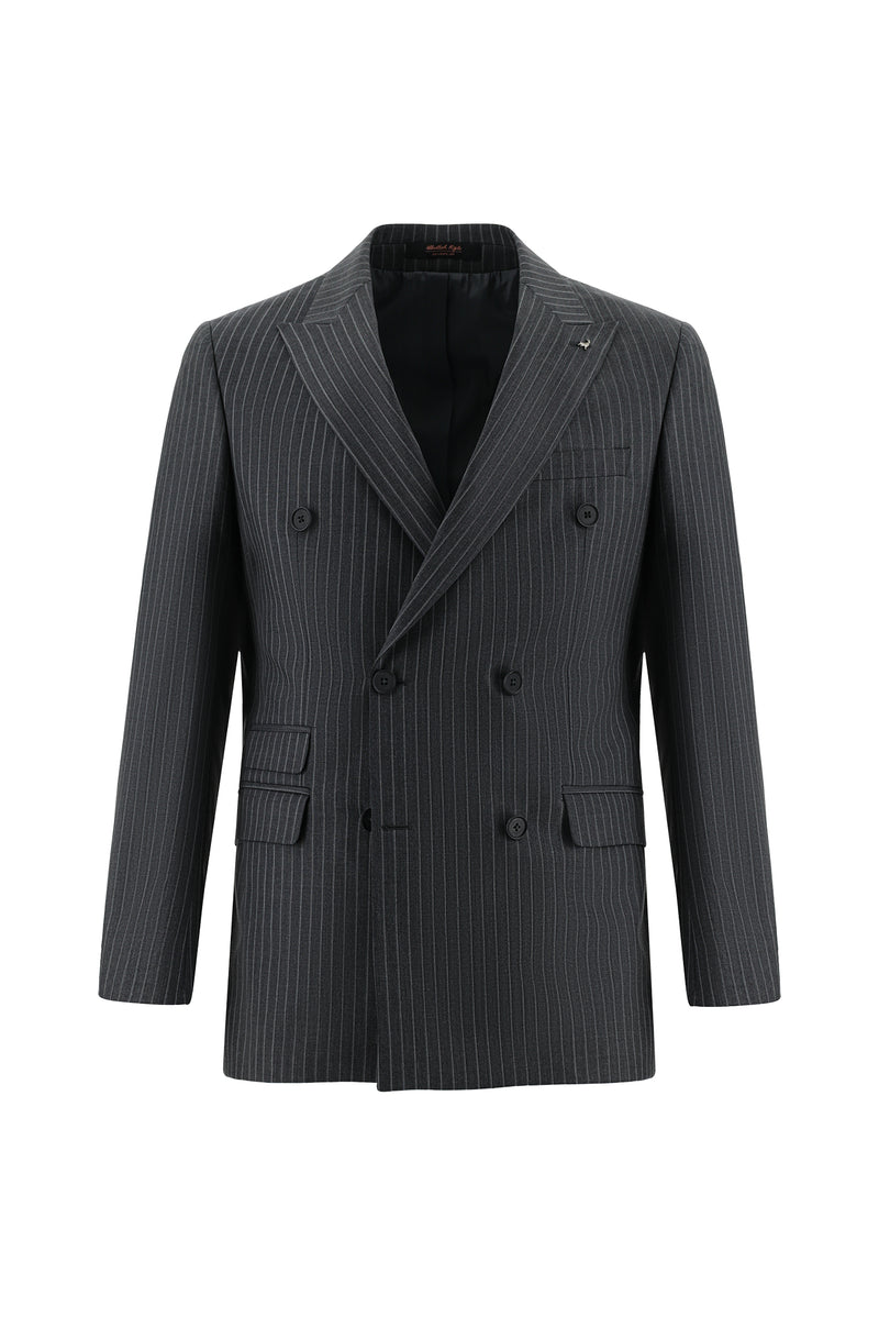 Koyu Füme Slim Fit Dar Kesim Yünlü Kruvaze Çizgili Takım Elbise