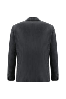 Koyu Füme Slim Fit Dar Kesim Yünlü Kruvaze Çizgili Takım Elbise