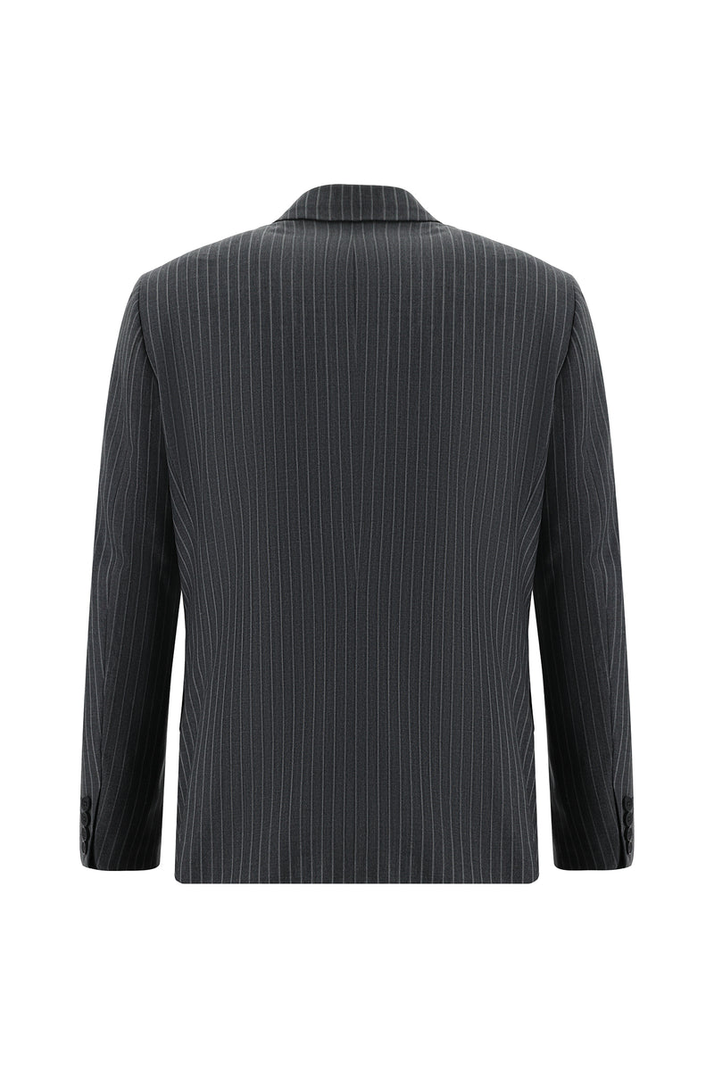 Koyu Füme Slim Fit Dar Kesim Yünlü Kruvaze Çizgili Takım Elbise