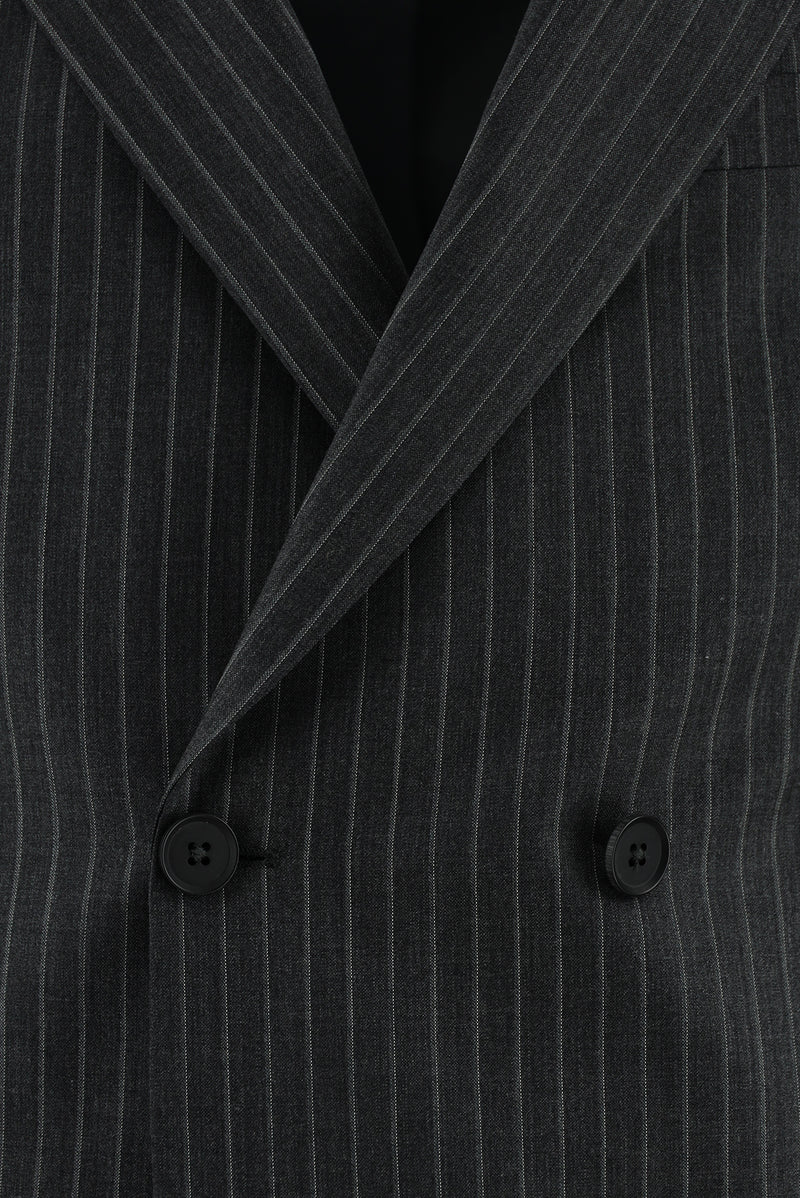 Koyu Füme Slim Fit Dar Kesim Yünlü Kruvaze Çizgili Takım Elbise