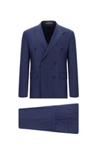 Açık Lacivert Slim Fit Dar Kesim Yünlü Kruvaze Çizgili Takım Elbise