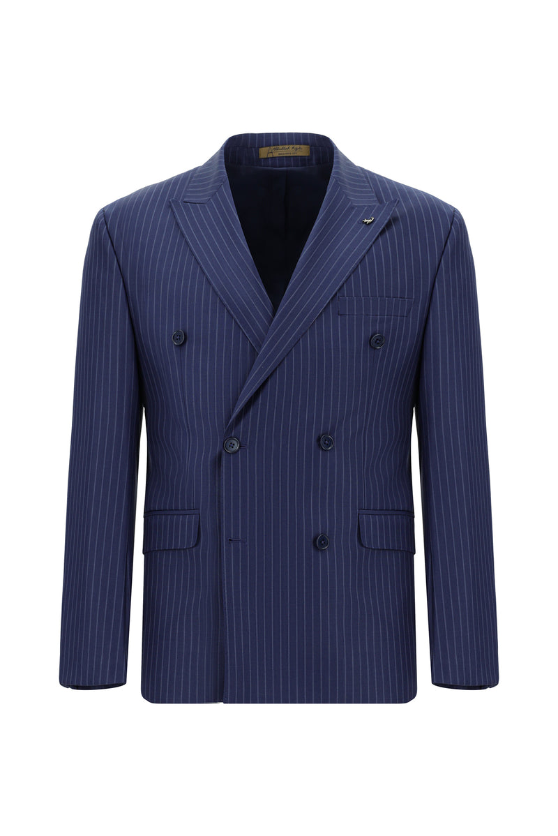 Açık Lacivert Slim Fit Dar Kesim Yünlü Kruvaze Çizgili Takım Elbise