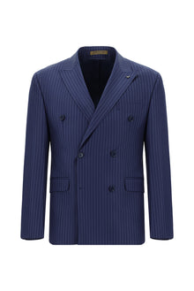 Açık Lacivert Regular Fit Yünlü Kruvaze Çizgili Takım Elbise