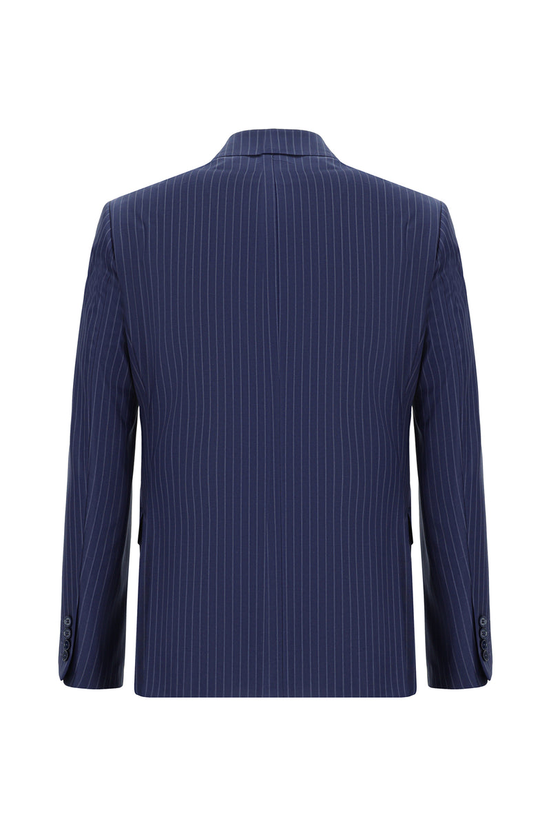 Açık Lacivert Slim Fit Dar Kesim Yünlü Kruvaze Çizgili Takım Elbise