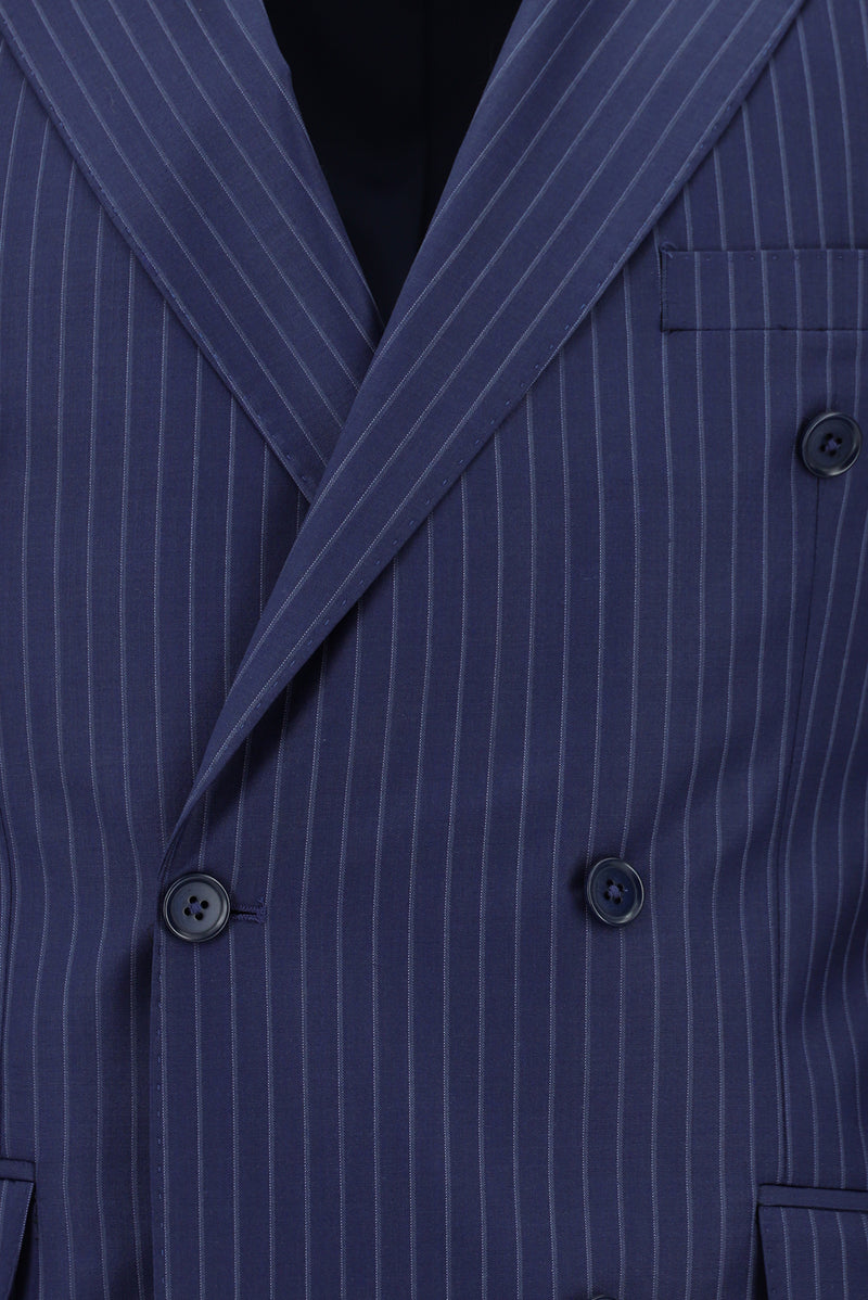 Açık Lacivert Regular Fit Yünlü Kruvaze Çizgili Takım Elbise