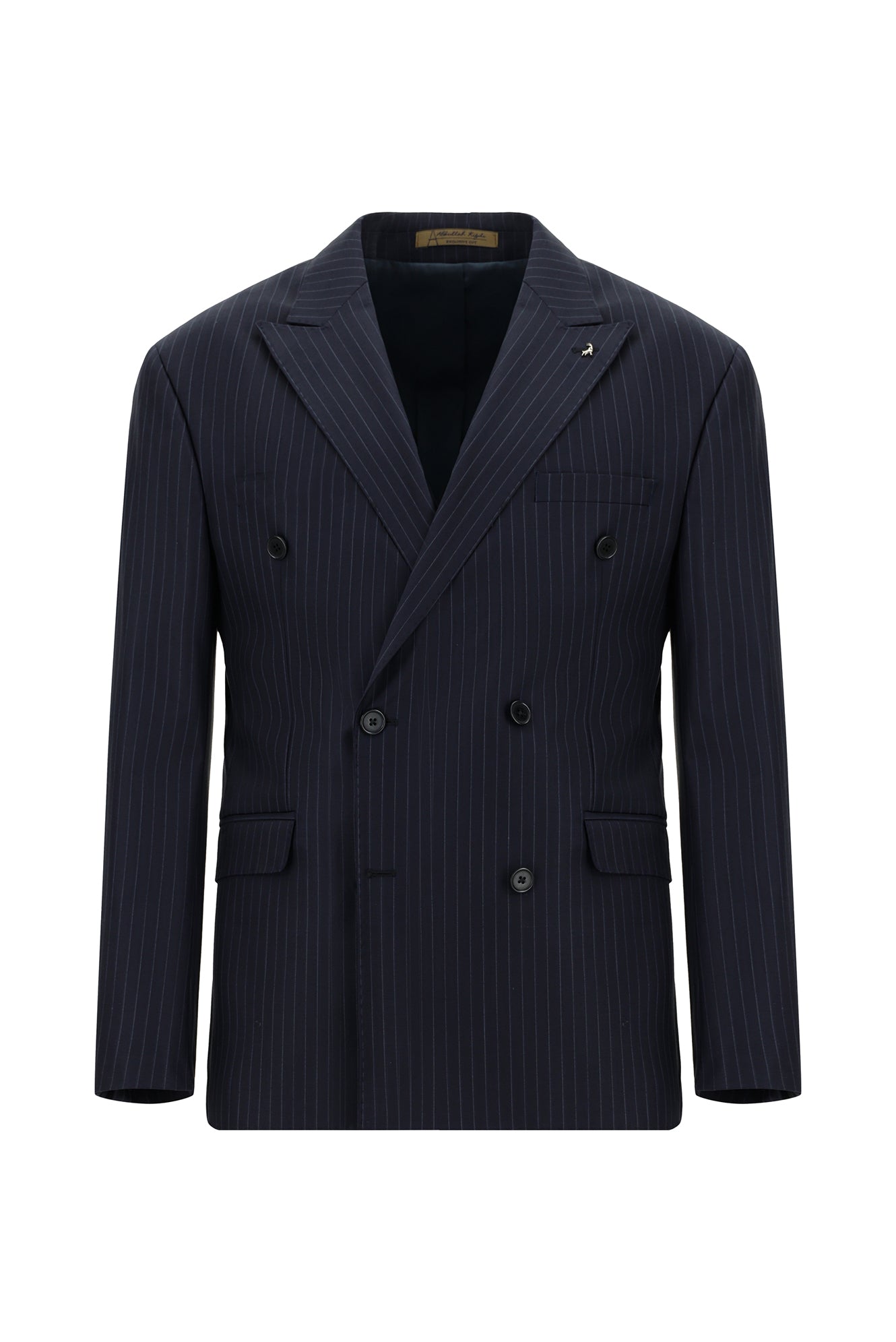 Koyu Lacivert Slim Fit Dar Kesim Yünlü Kruvaze Çizgili Takım Elbise