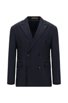 Koyu Lacivert Slim Fit Dar Kesim Yünlü Kruvaze Çizgili Takım Elbise