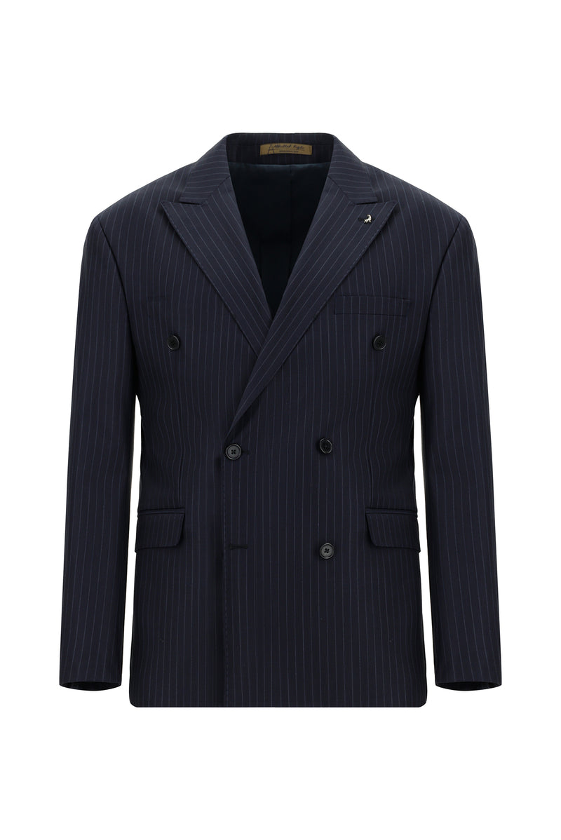 Koyu Lacivert Slim Fit Dar Kesim Yünlü Kruvaze Çizgili Takım Elbise