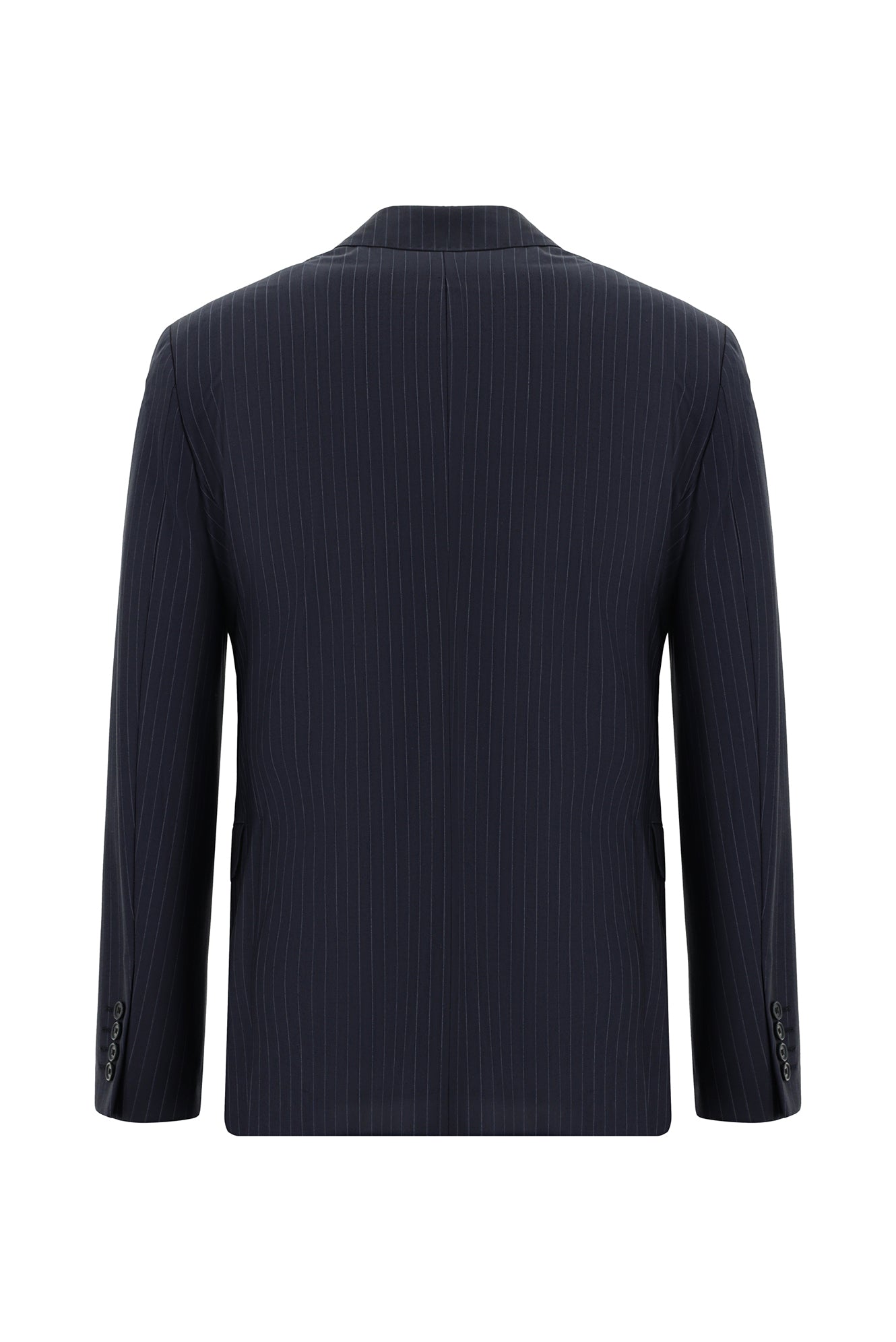 Koyu Lacivert Slim Fit Dar Kesim Yünlü Kruvaze Çizgili Takım Elbise