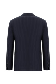 Koyu Lacivert Slim Fit Dar Kesim Yünlü Kruvaze Çizgili Takım Elbise