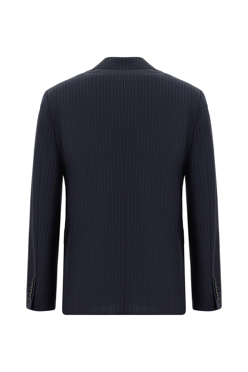 Koyu Lacivert Slim Fit Dar Kesim Yünlü Kruvaze Çizgili Takım Elbise