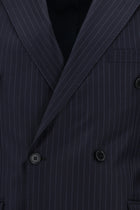 Koyu Lacivert Slim Fit Dar Kesim Yünlü Kruvaze Çizgili Takım Elbise