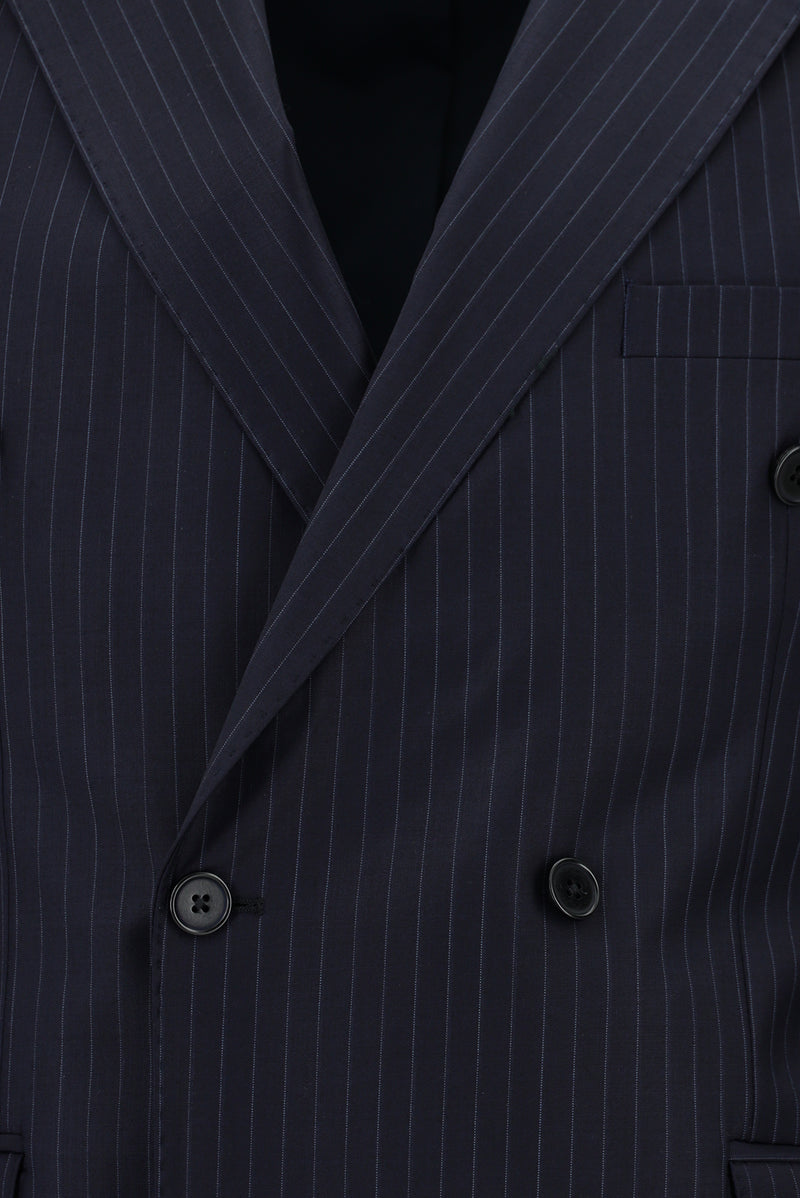 Koyu Lacivert Slim Fit Dar Kesim Yünlü Kruvaze Çizgili Takım Elbise