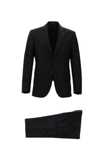 Siyah Slim Fit Dar Kesim Yünlü Çizgili Klasik Takım Elbise