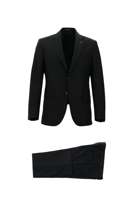 Siyah Slim Fit Dar Kesim Yünlü Çizgili Klasik Takım Elbise