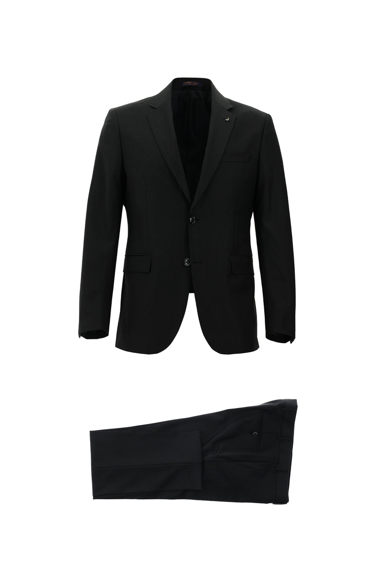 Siyah 7 Drop Slim Fit Dar Kesim Yünlü Çizgili Tak?m Elbise-Abdullah Ki??l?