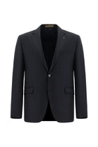 Koyu Lacivert Slim Fit Dar Kesim Yünlü Çizgili Klasik Takım Elbise