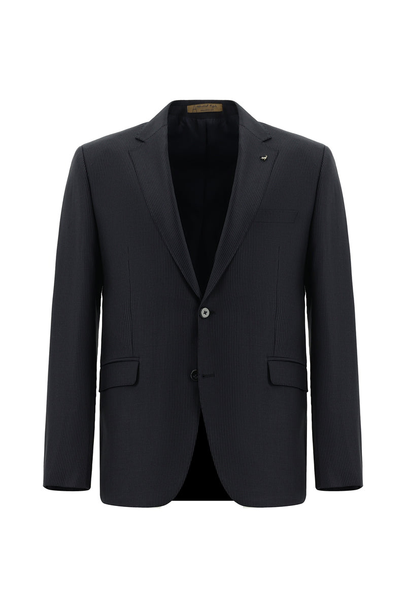 Koyu Lacivert Slim Fit Dar Kesim Yünlü Çizgili Klasik Takım Elbise