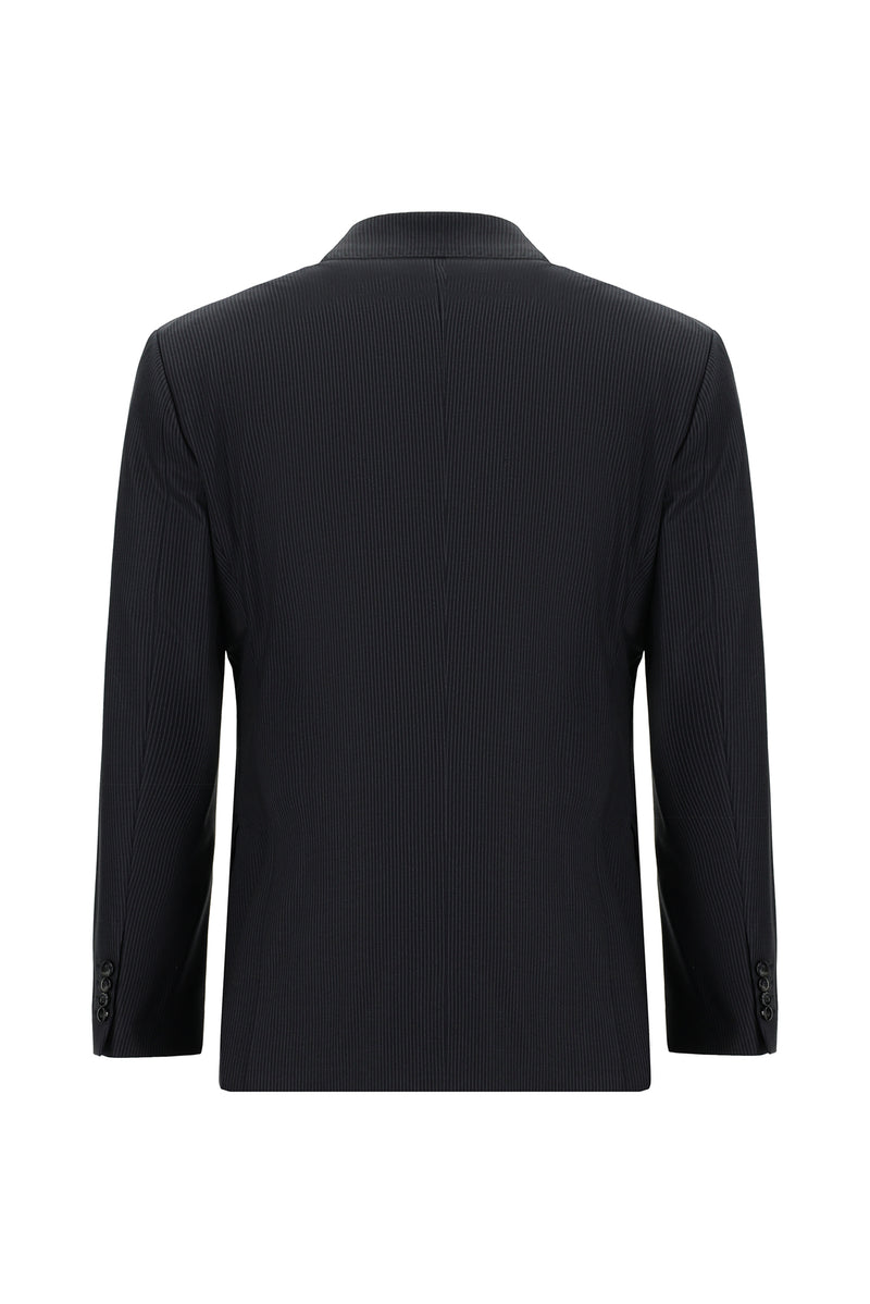 Koyu Lacivert Slim Fit Dar Kesim Yünlü Çizgili Klasik Takım Elbise