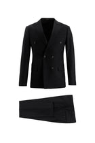 Siyah Super Slim Fit Ekstra Dar Kesim Fit Yünlü Kruvaze Çizgili Takım Elbise