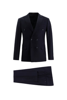 Koyu Lacivert Super Slim Fit Ekstra Dar Kesim Yünlü Kruvaze Çizgili Takım Elbise