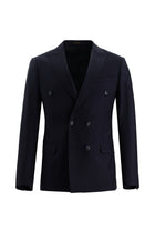Koyu Lacivert Super Slim Fit Ekstra Dar Kesim Yünlü Kruvaze Çizgili Takım Elbise