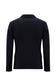 Koyu Lacivert Super Slim Fit Ekstra Dar Kesim Yünlü Kruvaze Çizgili Takım Elbise