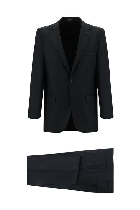Siyah Regular Fit Yünlü Klasik Çizgili Takım Elbise