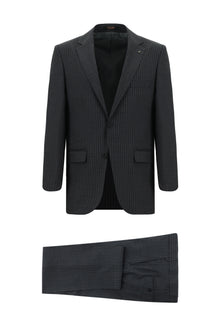 Koyu Füme Regular Fit Yünlü Klasik Çizgili Takım Elbise